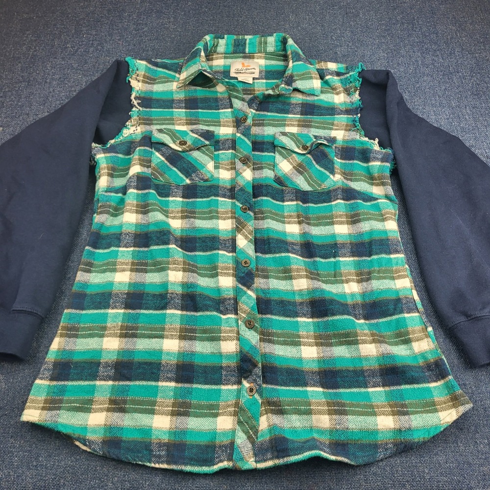 Field & Stream Womens Plaid Flannel Hybrid Sweatshirt Teal Navy Bison Roam MD